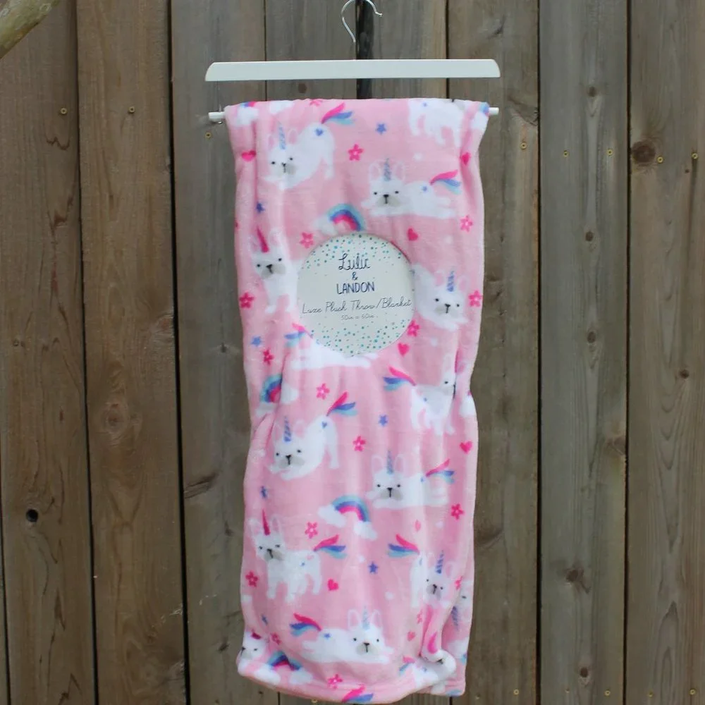 Pink Unicorn Frenchie Dog Plush Throw Blanket